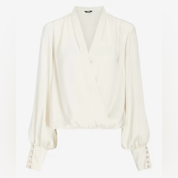 Express Tops - NWT, Express Ivory Embellished Cuff Draped Front Satin Blouse - XS - NWT